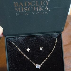 Badgley Mischka Silver Tone Necklace and Eaaring Setwith Square Crystal Pendant